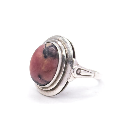 Cool Mid Century Rhodonite Cabochon Ring in Silver