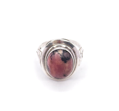 Cool Mid Century Rhodonite Cabochon Ring in Silver