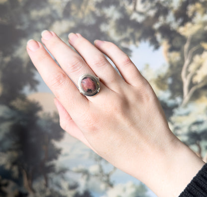 Cool Mid Century Rhodonite Cabochon Ring in Silver