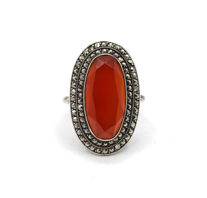 Art Deco German Carnelian Oval & Marcasite Halo Ring in Silver