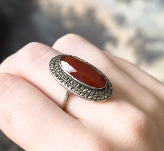 Art Deco German Carnelian Oval & Marcasite Halo Ring in Silver