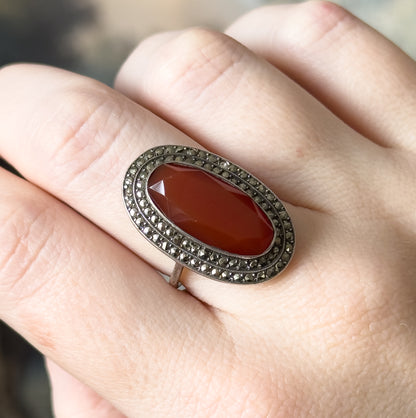 Art Deco German Carnelian Oval & Marcasite Halo Ring in Silver