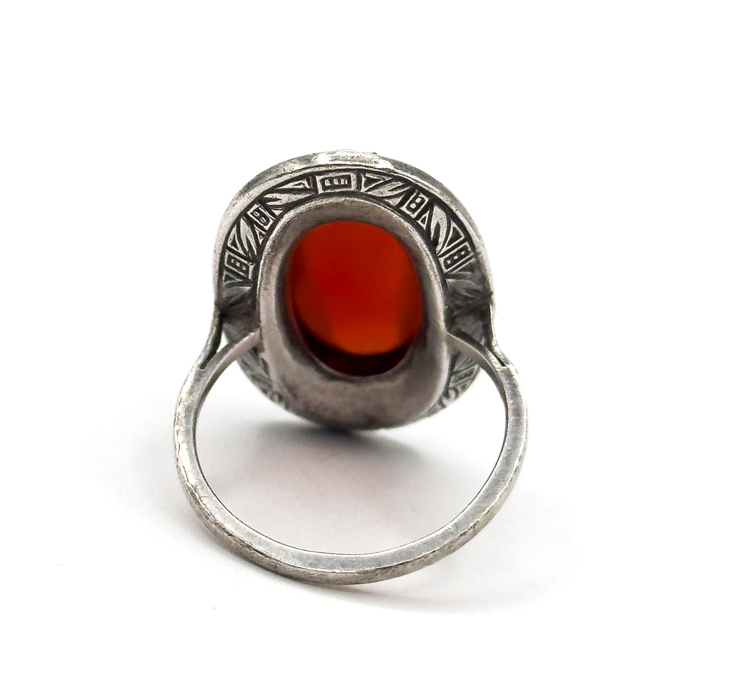 Art Deco German Carnelian Oval & Marcasite Halo Ring in Silver
