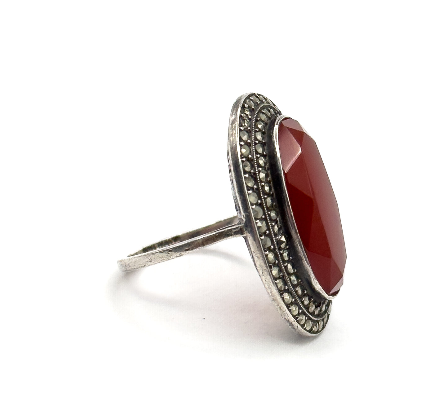 Art Deco German Carnelian Oval & Marcasite Halo Ring in Silver