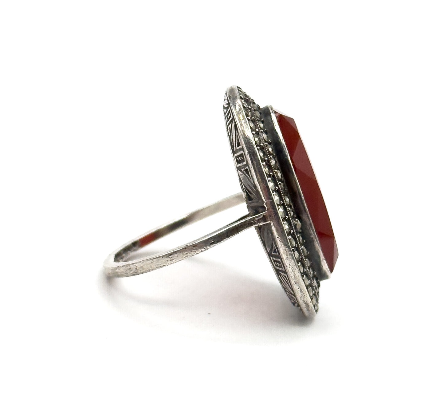 Art Deco German Carnelian Oval & Marcasite Halo Ring in Silver