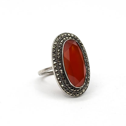 Art Deco German Carnelian Oval & Marcasite Halo Ring in Silver