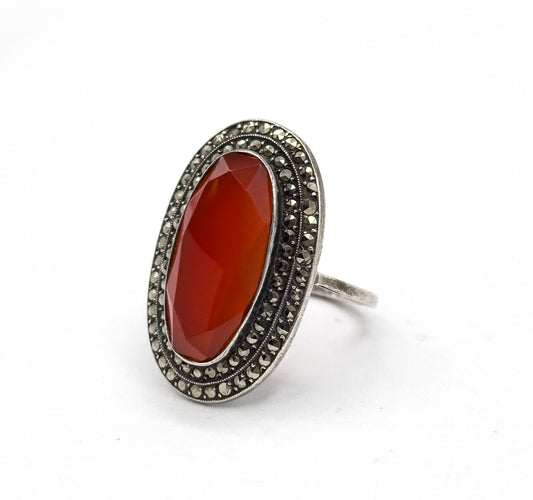 Art Deco German Carnelian Oval & Marcasite Halo Ring in Silver