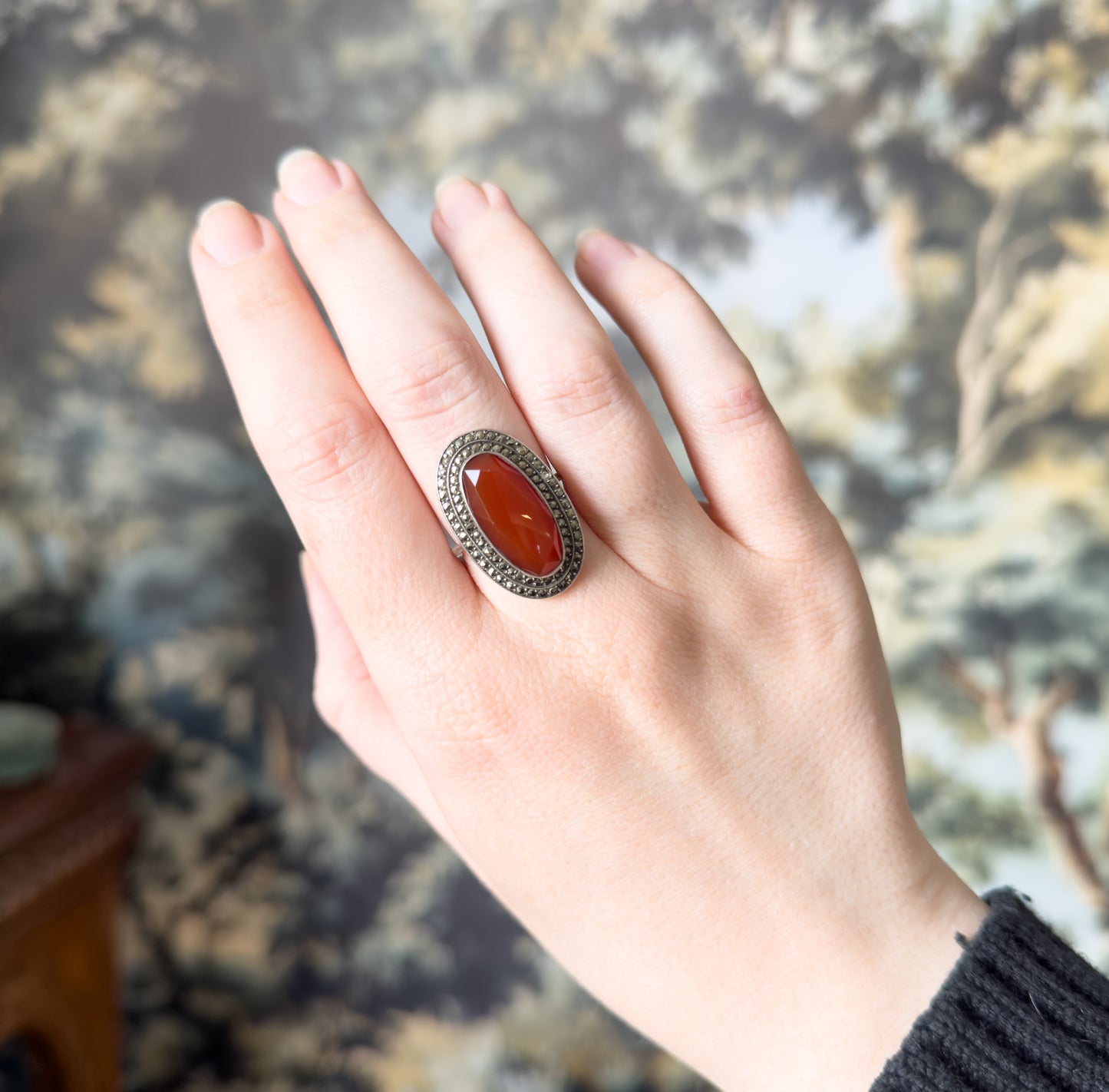 Art Deco German Carnelian Oval & Marcasite Halo Ring in Silver