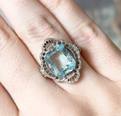 Late Art Deco Filigree Blue Paste Ring in Silver