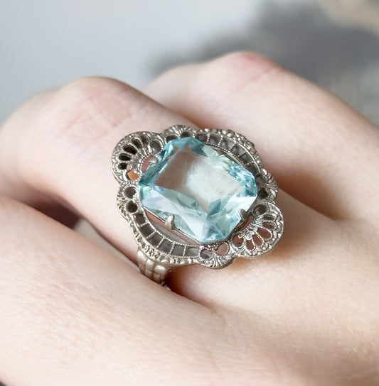 Late Art Deco Filigree Blue Paste Ring in Silver