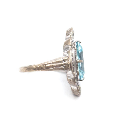 Late Art Deco Filigree Blue Paste Ring in Silver