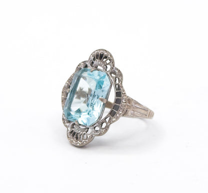 Late Art Deco Filigree Blue Paste Ring in Silver