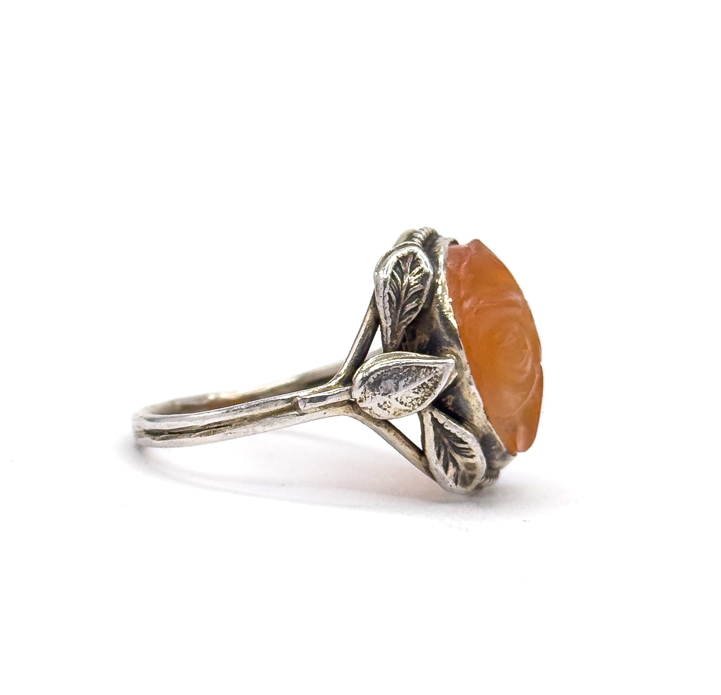 Art Nouveau Carved Hardstone Leaf Ring in Sterling Silver
