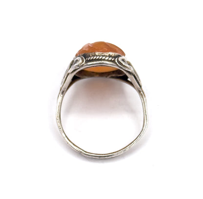 Art Nouveau Carved Hardstone Leaf Ring in Sterling Silver