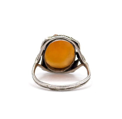 Art Nouveau Carved Hardstone Leaf Ring in Sterling Silver