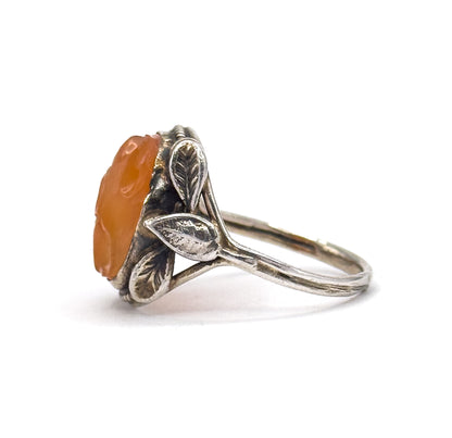 Art Nouveau Carved Hardstone Leaf Ring in Sterling Silver