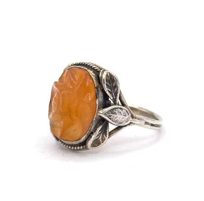Art Nouveau Carved Hardstone Leaf Ring in Sterling Silver