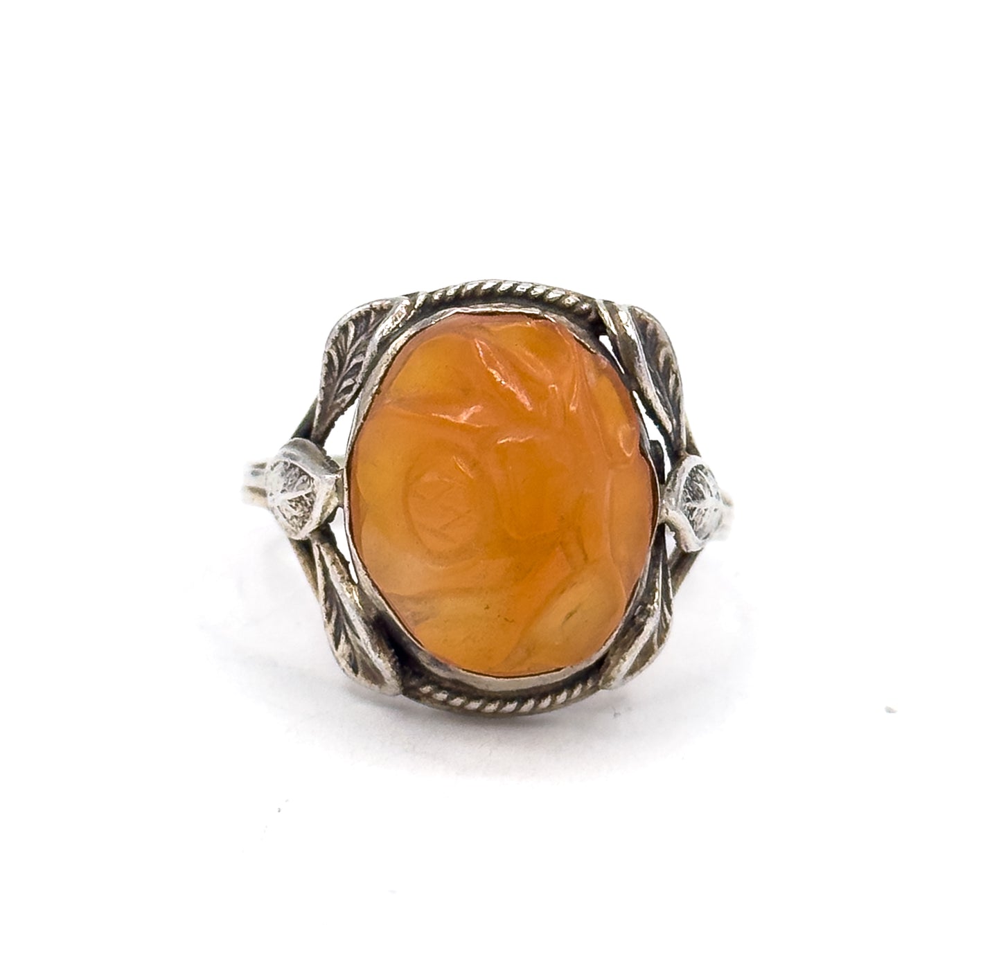 Art Nouveau Carved Hardstone Leaf Ring in Sterling Silver