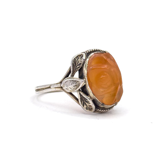 Art Nouveau Carved Hardstone Leaf Ring in Sterling Silver