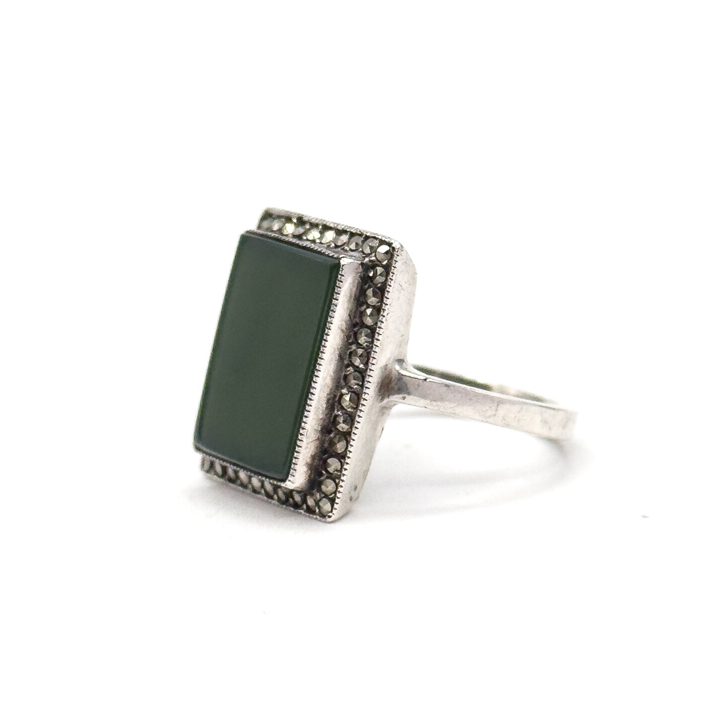 Vintage Nephrite Jade & Marcasite Halo Ring in Sterling Silver