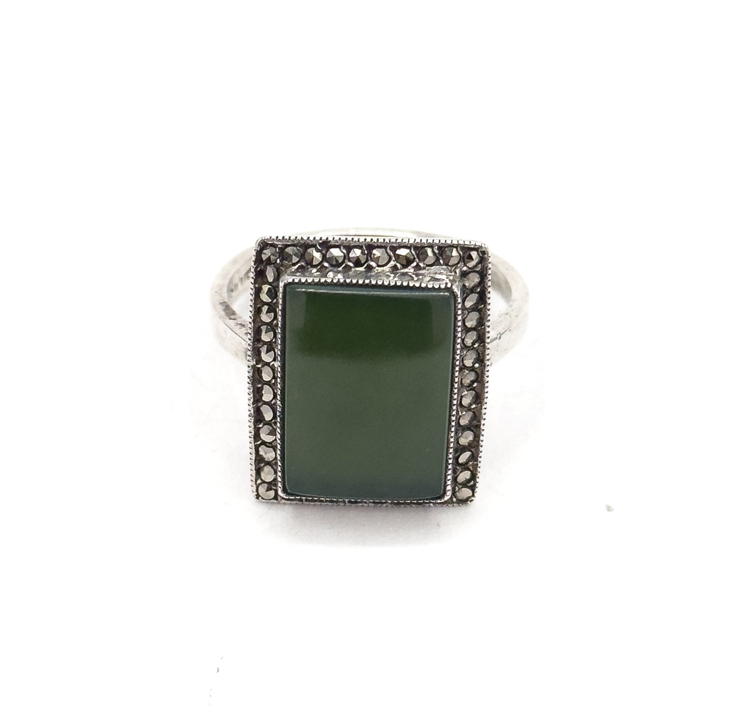 Vintage Nephrite Jade & Marcasite Halo Ring in Sterling Silver