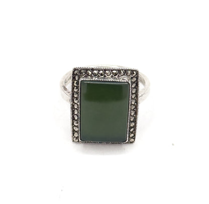 Vintage Nephrite Jade & Marcasite Halo Ring in Sterling Silver