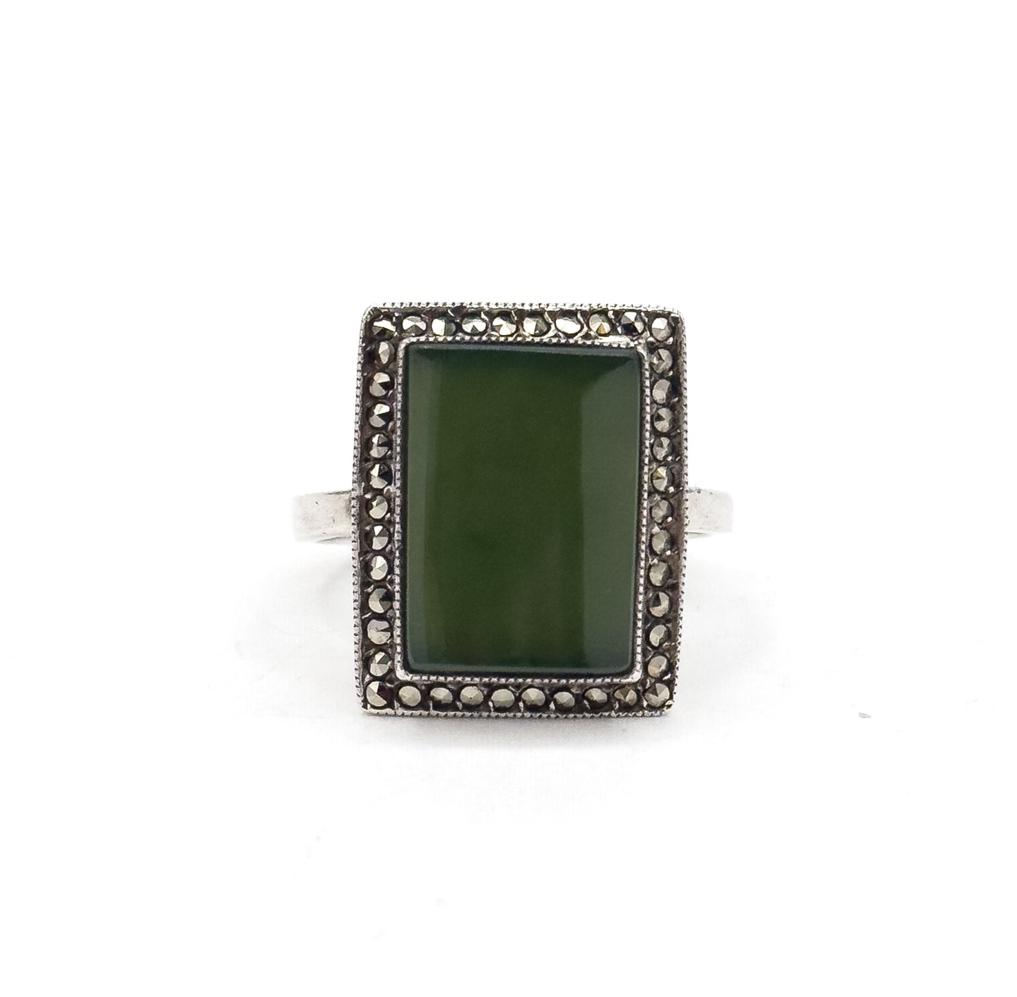 Vintage Nephrite Jade & Marcasite Halo Ring in Sterling Silver