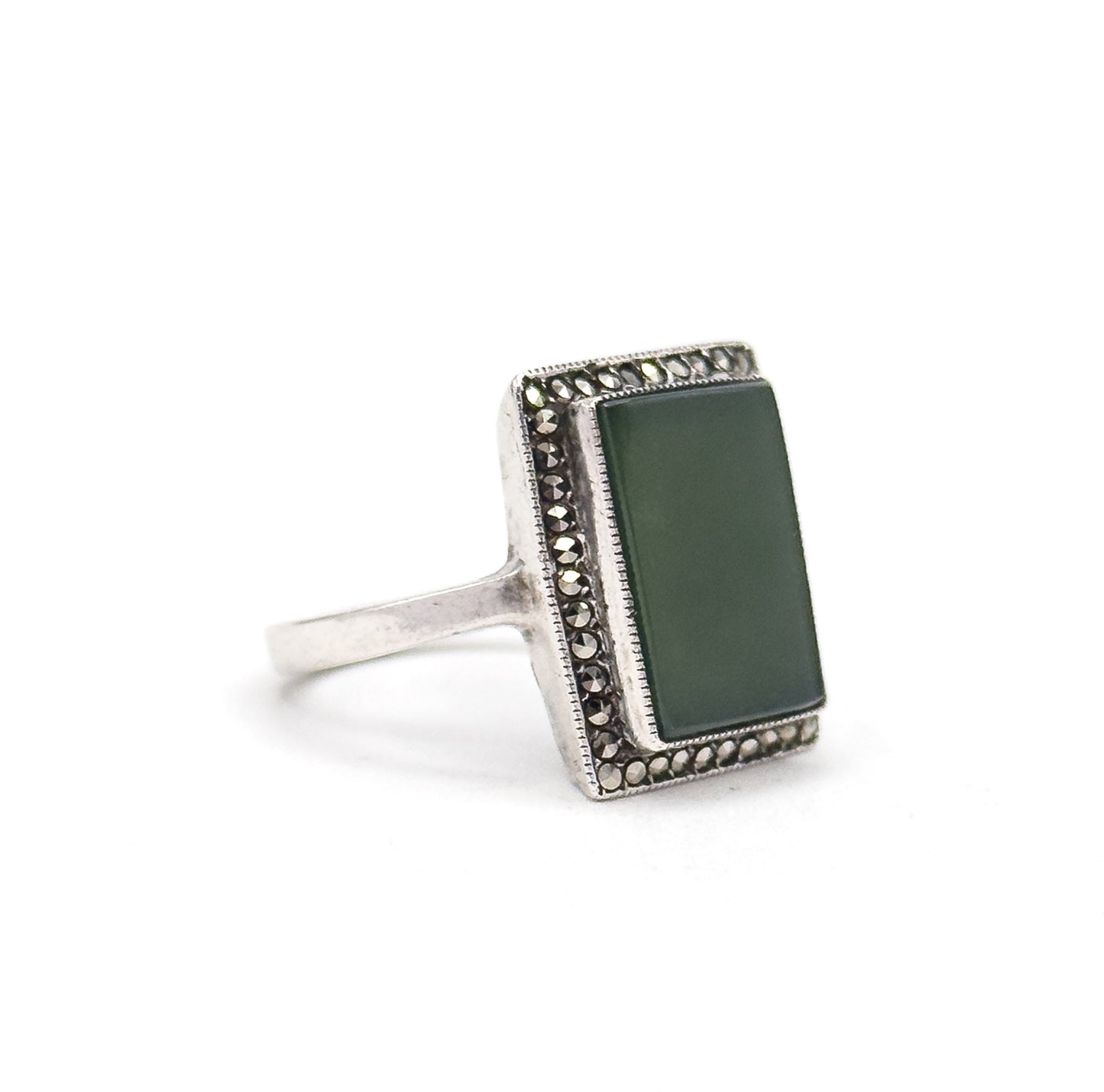 Vintage Nephrite Jade & Marcasite Halo Ring in Sterling Silver