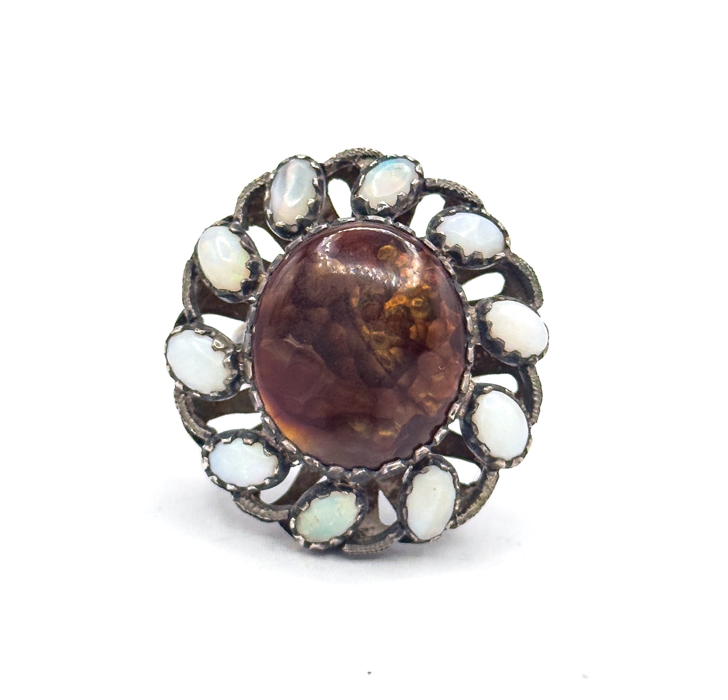 Mid-Century Fire Agate & Opal Halo Artisan Ring in Sterling Silver