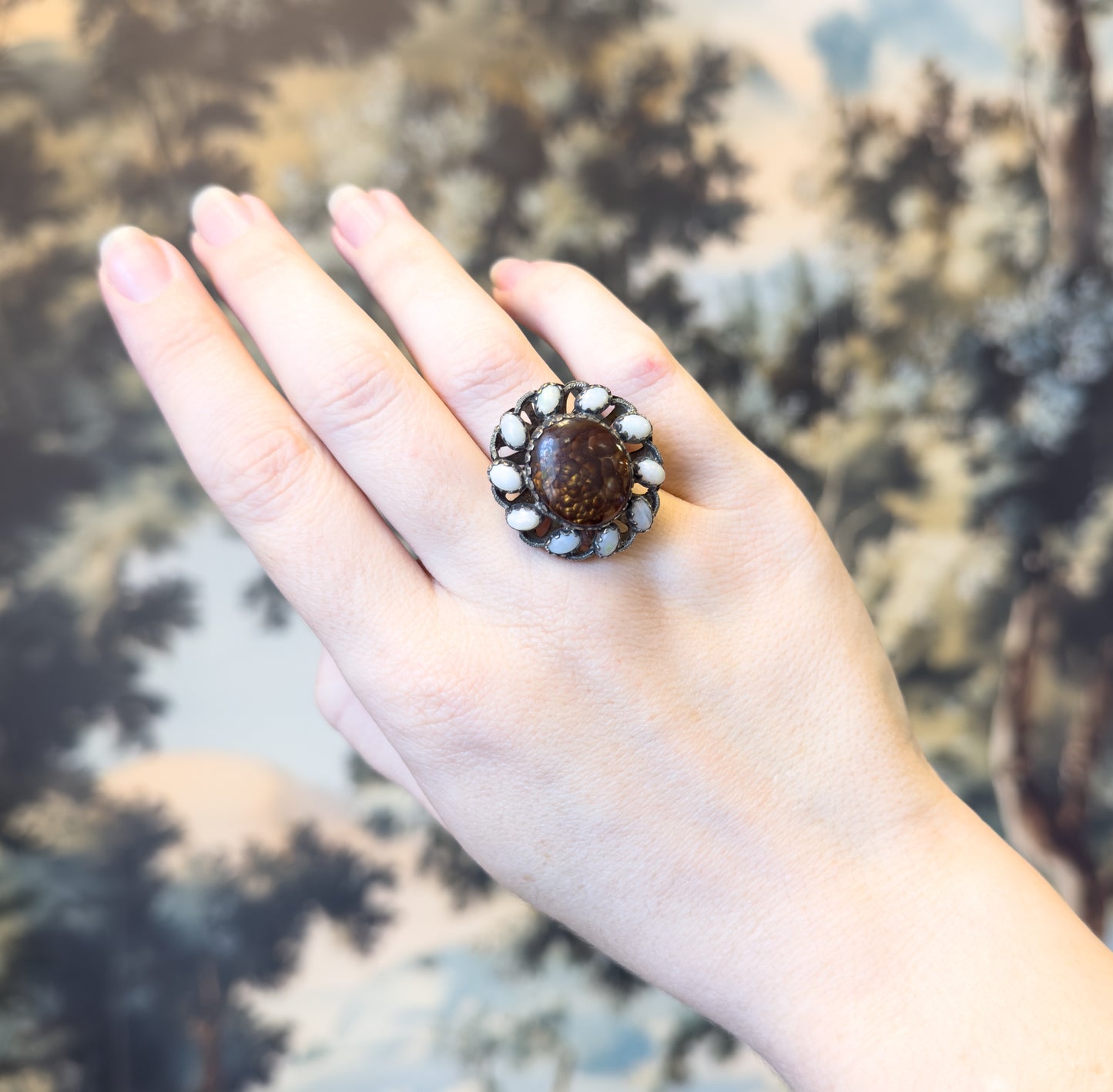 Mid-Century Fire Agate & Opal Halo Artisan Ring in Sterling Silver