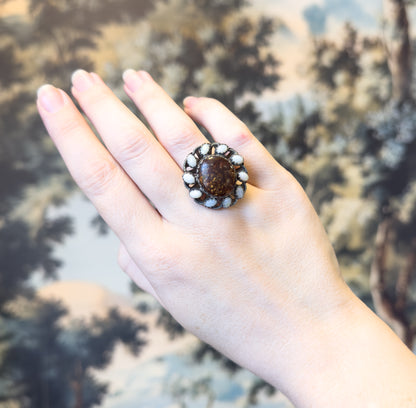 Mid-Century Fire Agate & Opal Halo Artisan Ring in Sterling Silver