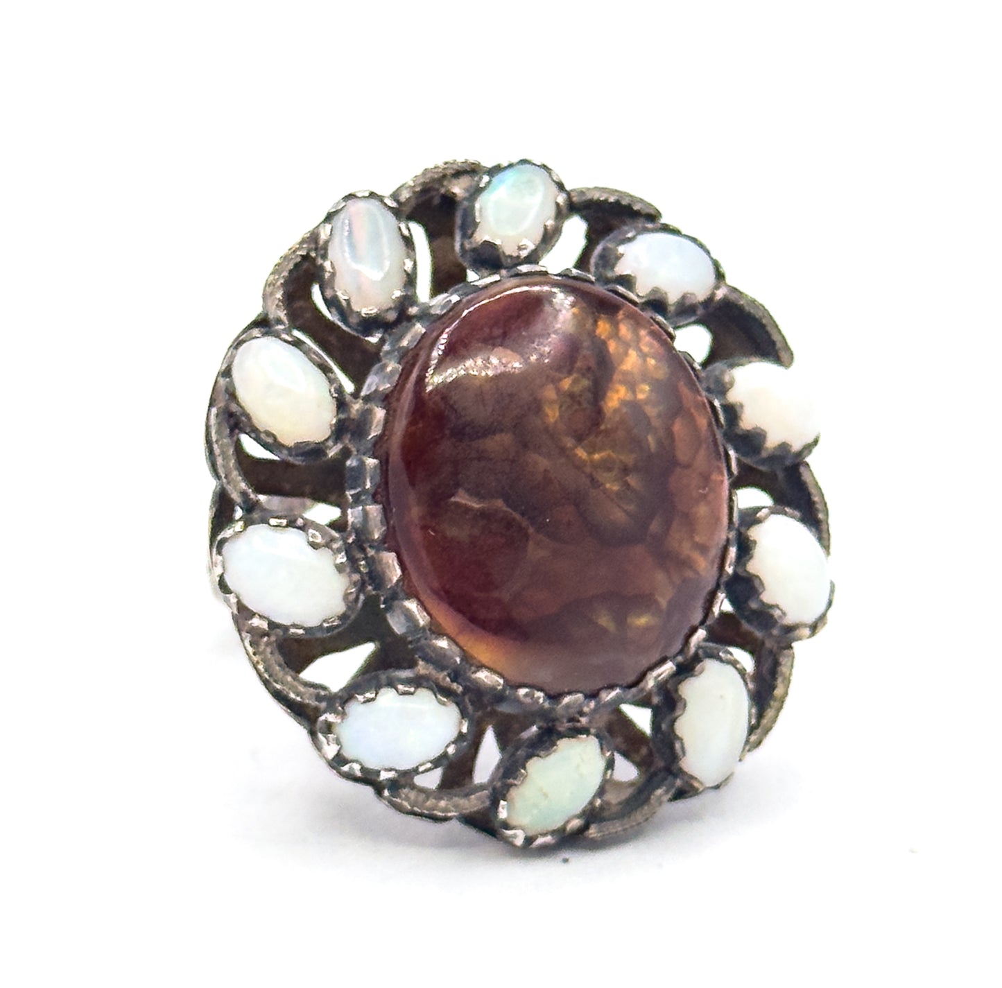 Mid-Century Fire Agate & Opal Halo Artisan Ring in Sterling Silver