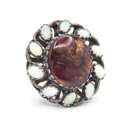 Mid-Century Fire Agate & Opal Halo Artisan Ring in Sterling Silver