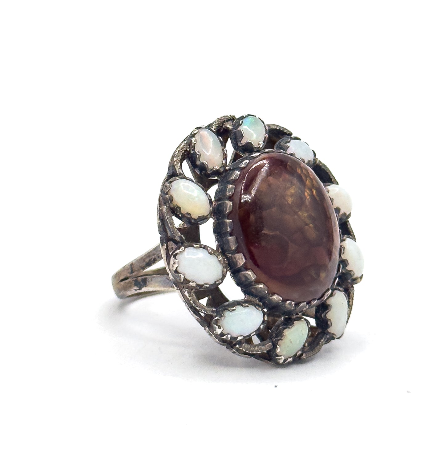 Mid-Century Fire Agate & Opal Halo Artisan Ring in Sterling Silver
