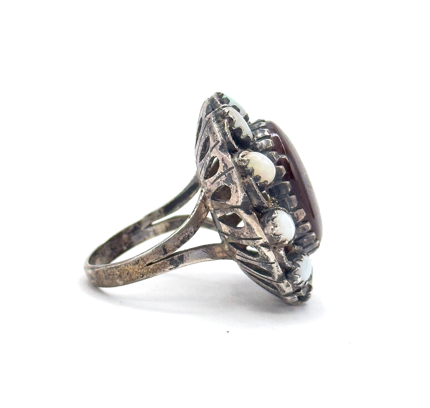 Mid-Century Fire Agate & Opal Halo Artisan Ring in Sterling Silver