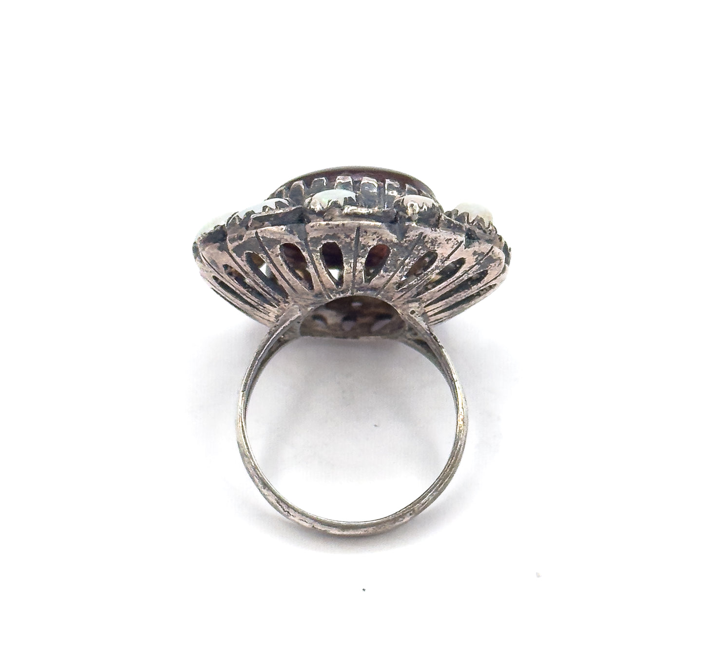 Mid-Century Fire Agate & Opal Halo Artisan Ring in Sterling Silver
