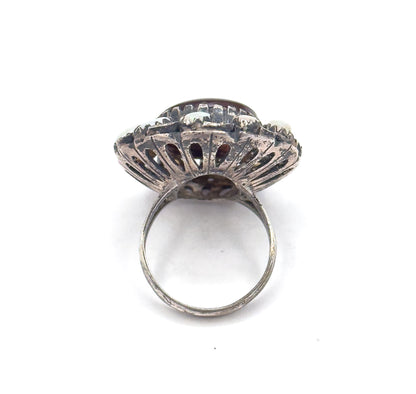Mid-Century Fire Agate & Opal Halo Artisan Ring in Sterling Silver