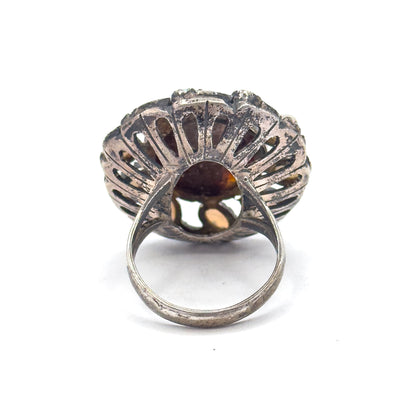 Mid-Century Fire Agate & Opal Halo Artisan Ring in Sterling Silver