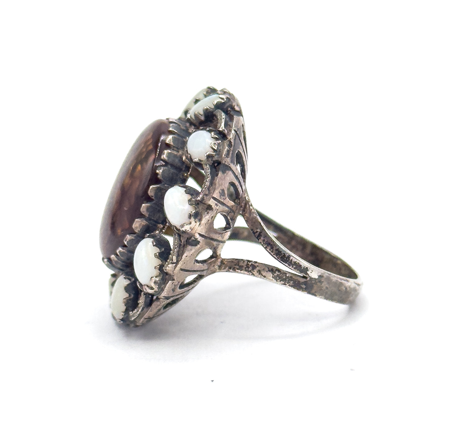 Mid-Century Fire Agate & Opal Halo Artisan Ring in Sterling Silver