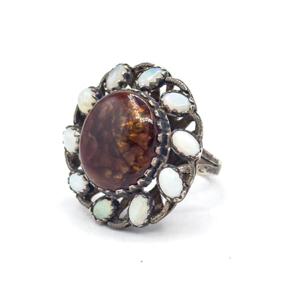 Mid-Century Fire Agate & Opal Halo Artisan Ring in Sterling Silver