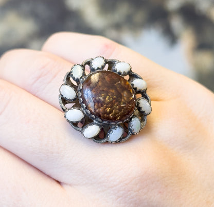 Mid-Century Fire Agate & Opal Halo Artisan Ring in Sterling Silver