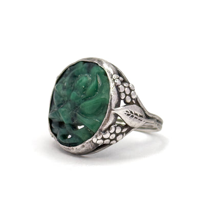 Art Nouveau Carved Green Stone Ring in Sterling Silver