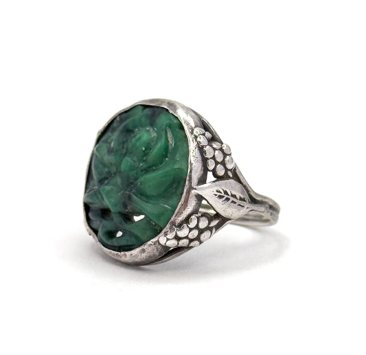 Art Nouveau Carved Green Stone Ring in Sterling Silver