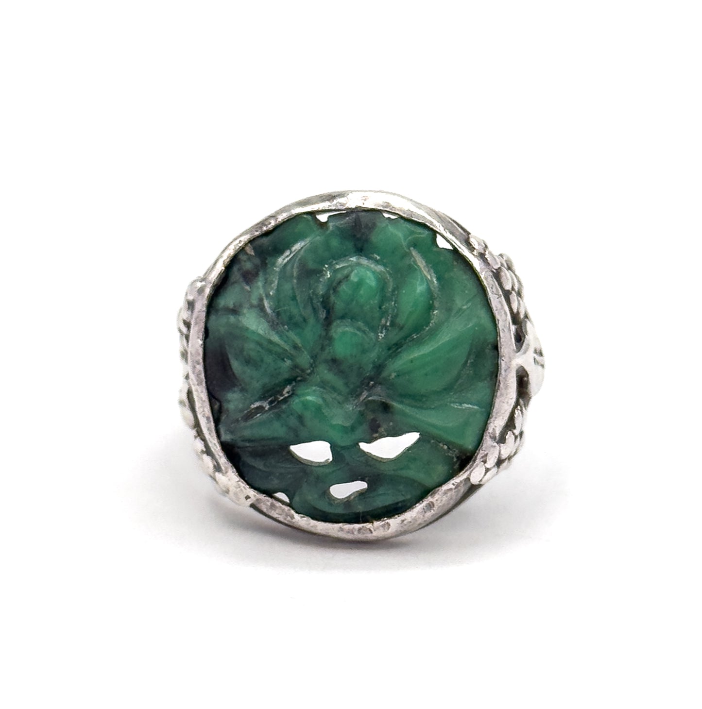 Art Nouveau Carved Green Stone Ring in Sterling Silver