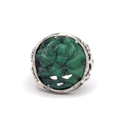 Art Nouveau Carved Green Stone Ring in Sterling Silver