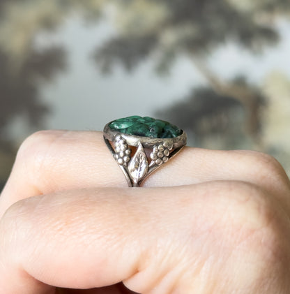 Art Nouveau Carved Green Stone Ring in Sterling Silver