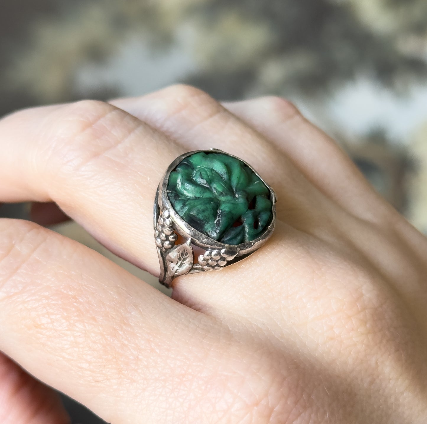 Art Nouveau Carved Green Stone Ring in Sterling Silver