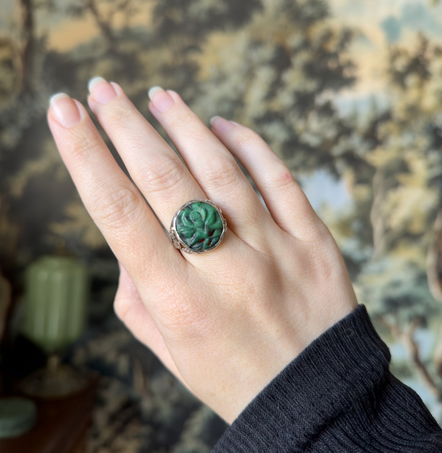 Art Nouveau Carved Green Stone Ring in Sterling Silver