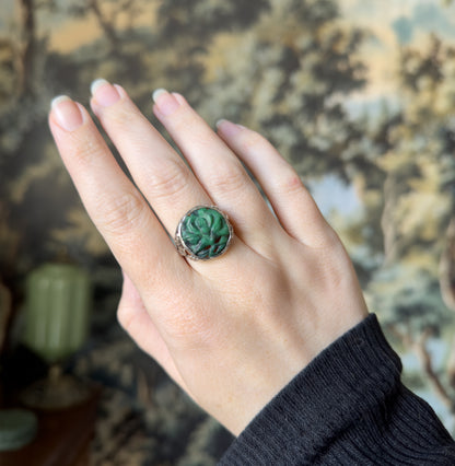 Art Nouveau Carved Green Stone Ring in Sterling Silver