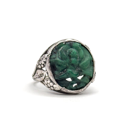 Art Nouveau Carved Green Stone Ring in Sterling Silver
